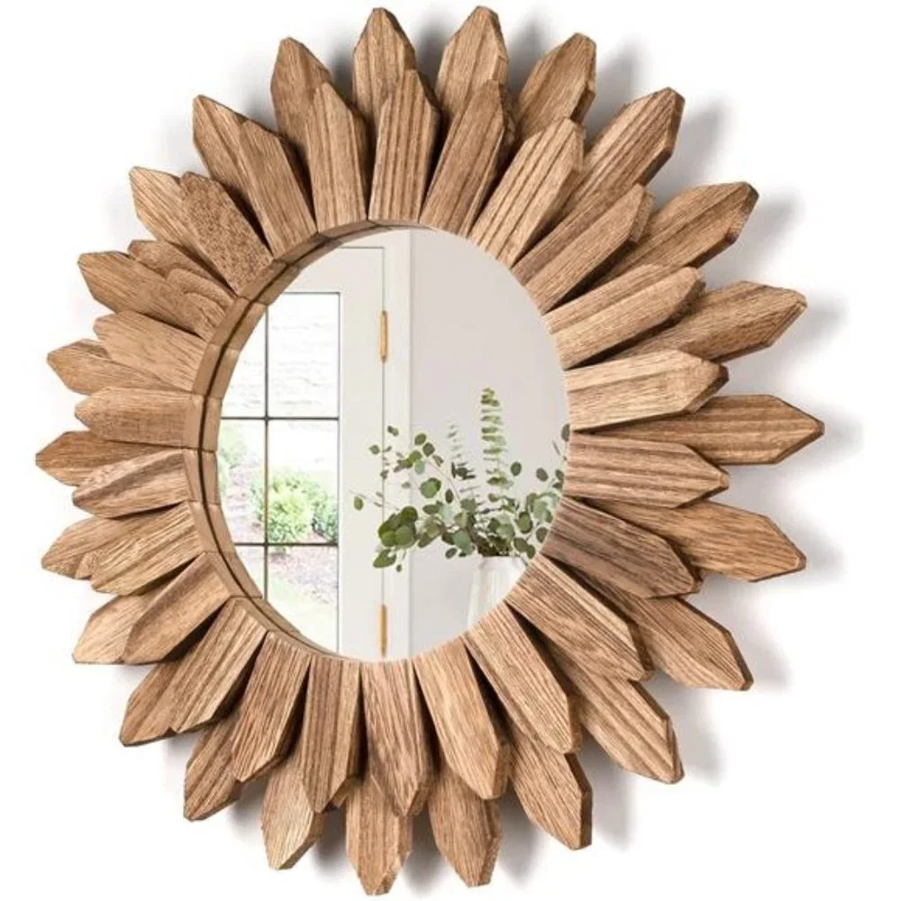 Wall Mirror Decorative 12 inch Rustic Wood Mirror Sunburst Boho Mirror